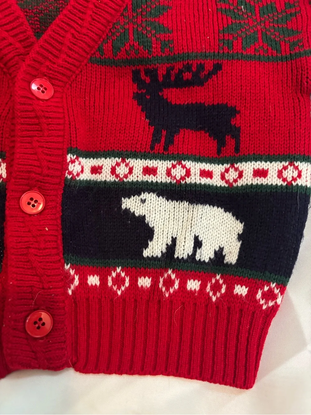 Vintage okie dokie Red and Navy Holiday Knit Cardigan with Animal Motif 3t boy
